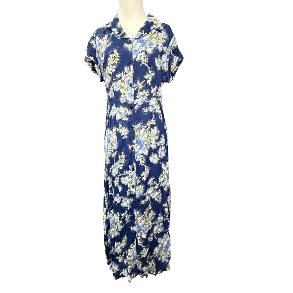 Vintage 90s April Cornell Shirt Dress Small Blue Floral Rayon Maxi Cottagecore